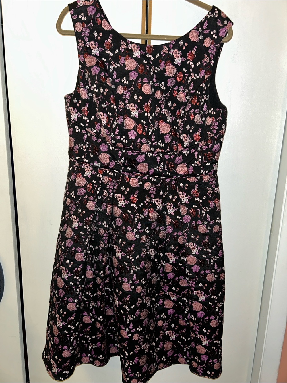 Adrianna Papell Black Floral Fit-and-Flare Dress with Pink and Purple Flowers